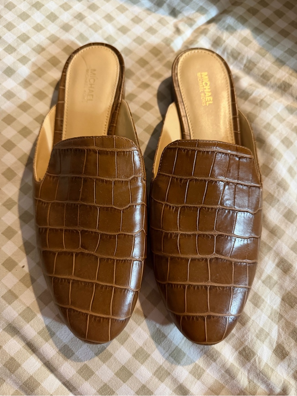 Michael Kors Cognac Croc-Embossed Leather Mule Slides